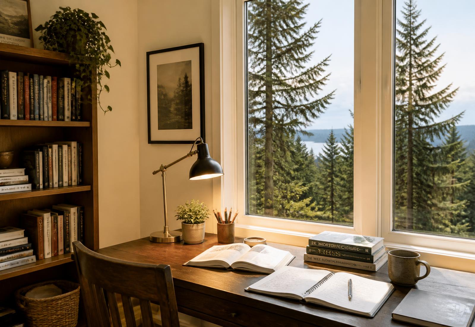 Sunlit study desk with open books and notebooks overlooking Pacific Northwest evergreens